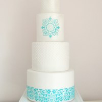 Turquoise And White Pearlised Wedding Cake turquoise and white pearlised wedding cake