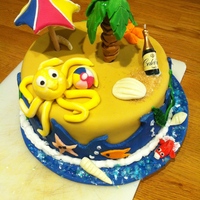 Beach Cake By Love2Bake By Dawn And Chris Seaside cake totally edible (apart from the candle champagne bottle) with octopus, crab, fish, umbrella and palm tree.