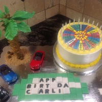 Wheel Of Fortune Cake Buttercream cake with edible image. Palm tree is gum paste.