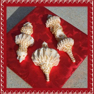 Handmade Fondant Ornaments No Molds Just Shaped By Hand And Piped Royal Icing That Is Highlighted With Gold Luster Dust