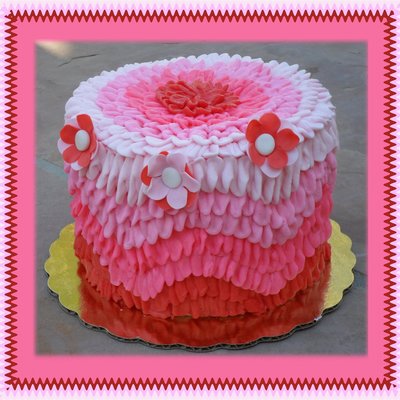 Valentine Cake 6 Round Frosted In Buttercream Ruffles Chevron Pattern With Ombre Colors Fondant Flowers