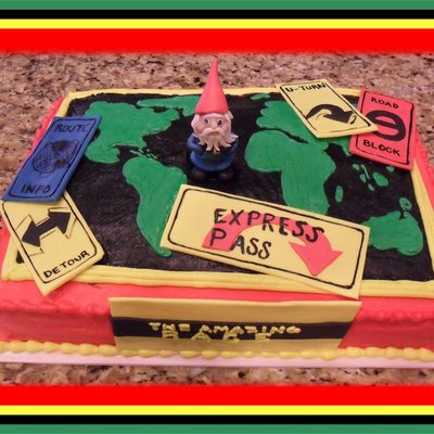 The Amazing Race Buttercream Frosted 9X13 Sheet Cake Fondant Travelocity Gnome And Cards From The Race