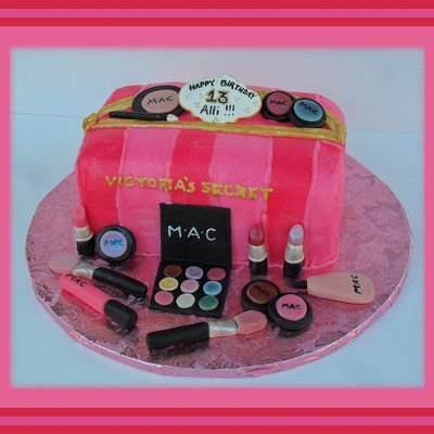 14 Sheet Cake Cut In Half And Stacked Frosted In Two Shades Of Pink Buttercream All Handmade Fondant Make Up And Accessories