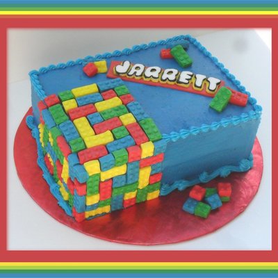 Legos 11X15 Sheet Cake Cut In Half And Stacked Frosted In Buttercream With Fondant Legos And Name Plate