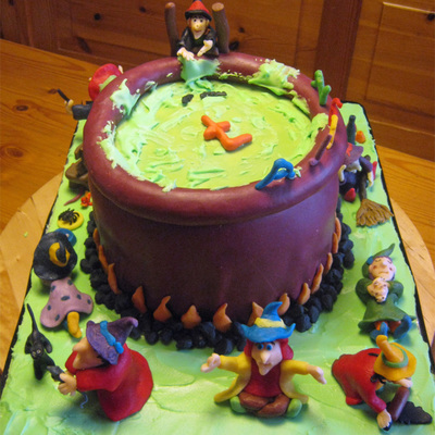 Chocolate Cake With Chocolate Ganache Covered In Modelling Chocolate All Characters Modelling Chocolate Floor And Effects In Witch Cauldro...