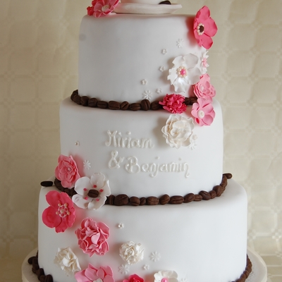 Wedding Cake With Coffee Beans And Fantasy Flowers