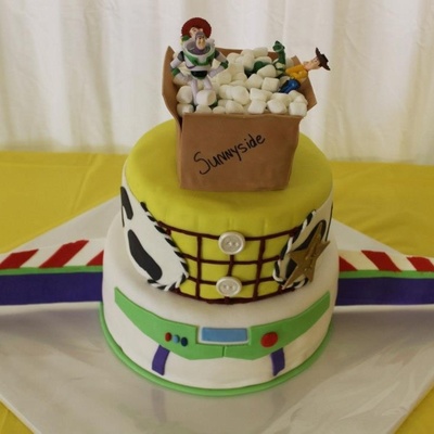 Toy Story Cake For My Sons 4Th Birthday Gum Paste Buzz Wings Rice Krispy Treat Cardboard Box With Marshmallow Packing Peanuts Figures We