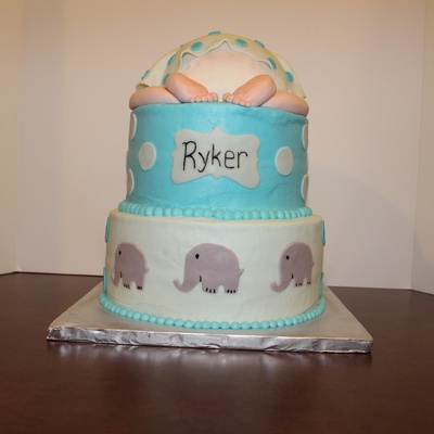 Elephant Baby Shower Cake With Baby Bottom On Top In Pale And Sky Blue