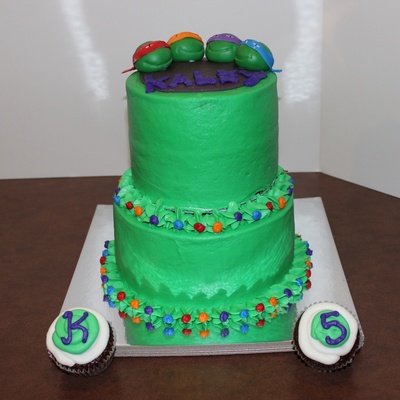 Ninja Turtle Birthday Cake With Matching Monogram Cupcakes