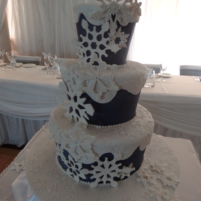 Snowflake Wedding Cake Navy Blue Fondant And White On Top Snowflakes Are Gumpaste With Royal Icing Piped Details On Them Cake Is A Layer