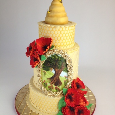 Honey Cake Covered In Fondx With Hand Painted Scene Stencil Work Hans Sculpted Beehive And Gumpaste Flowers