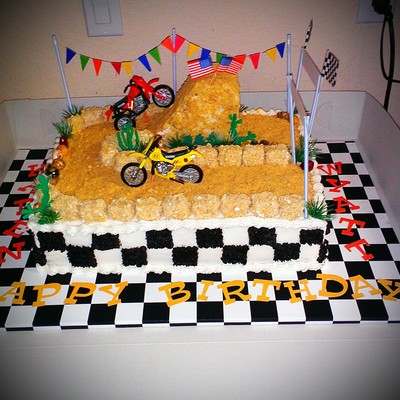 Butter Pecan Cake With Buttercream Frosting Track Is Covered In Crushed Graham Crackers Motocross Jump Is Made From Rice Krispie Treats Co...