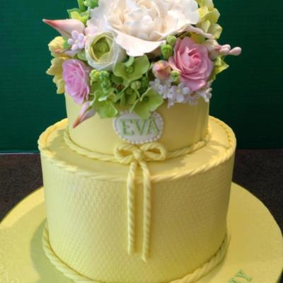 Yellow 2 Tier 80Th Birthday Cake With Gumpaste Flowers
