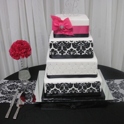 Damask Black And White With Fushia Accentswedding Cake