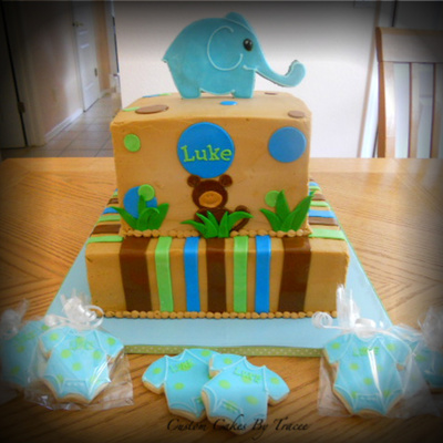 Elephant Blue And Green Baby Shower Cake And Cookies