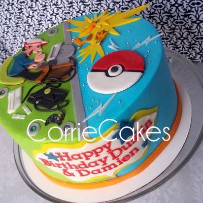 Split Designed Cake For A Guy Into Video Gaming And His Young Nephew Who Loves Pokemon 8 Round Iced In Bc With Mmf Decorations