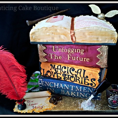 Harry Potter Gothic 3D Wedding Cake Stacked Books Open Book With Love Story Love Potion Frog Scarf Scroll Ink Feather Fondant Butte