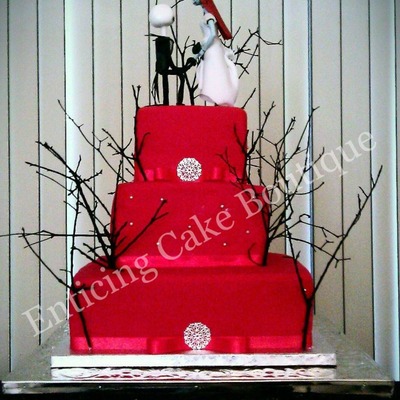 Nightmare Before Christmas Red Fondant Wedding Cake With Brooches And Branches And Satin Ribbon