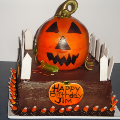 Halloween Birthday Cake Orange Brown Fence Candy Corn