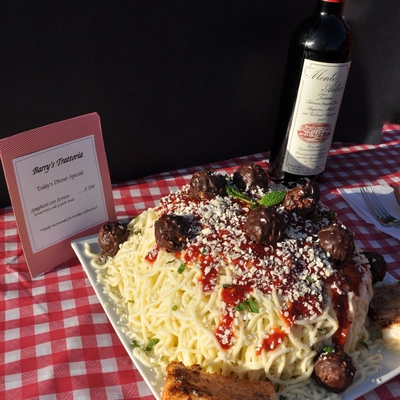 Spaghetti And Meatballs With A Side Of Garlic Bread Cake