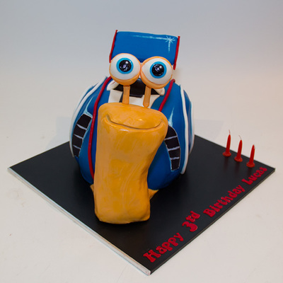 Turbo The Snail Chocolate Fudge Cake Shell With Chocolate Ganache Fondant And Rice Bubble Treat Head And Spoiler