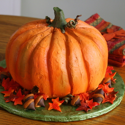 Halloween Pumpkin Cake With Leaves And Curly Vines
