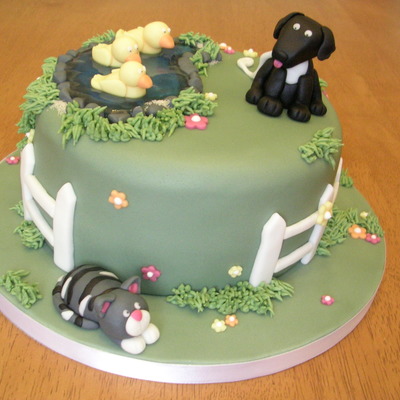 Labrador And Cat Cake With Ducks In Pond