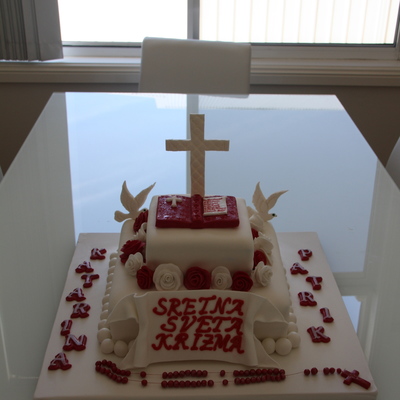 Confirmation Cake W/ Rosary Beads And Doves