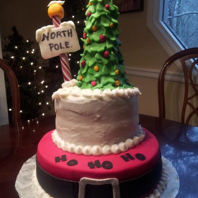 Cake For My Santa Themed Dining Tablefondant Bottom Tier Buttercream Top Tier Fondant Tree And Accents 9 And 6