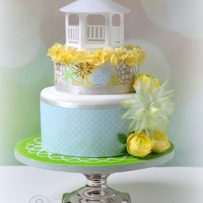 Cake With Wafer Paper Gazebo And Flowers (Ranunculus And Chrysantheum) on Cake Central