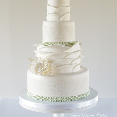 Pale Green Tipped Ruffles Pearls Lace And Peonies