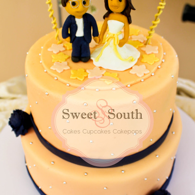 Peach And Blue Wedding Cake