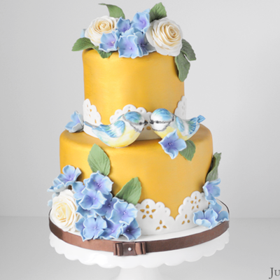 Gold Blue Tit Wedding Cake