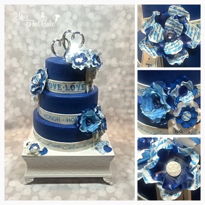 Wedding Vows Cake Scripted On Gumpaste Flowers Bold Simple Classic With Royalnavy Blue Being The Primary Color