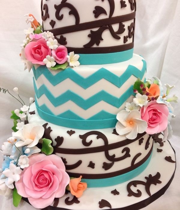 Turquoise And Brown, Floral & Chevron Wedding Cake