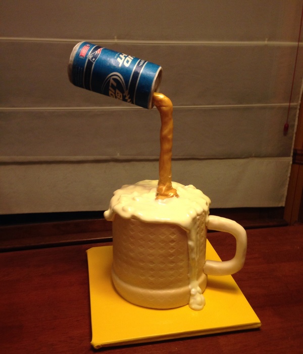 First Gravity Cake Yellow Cake Covered In Fondant Marshmallow Foam Beer Can Made Of Molding Chocolate Label Of Rice Paper Liquid Pouri