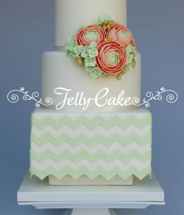 Mint Green Chevrons With Pale Peach Sugar Ranunculus With Green Hydrangeas And Berries This Was One Of The Cakes I Made For The Wedding Cak...