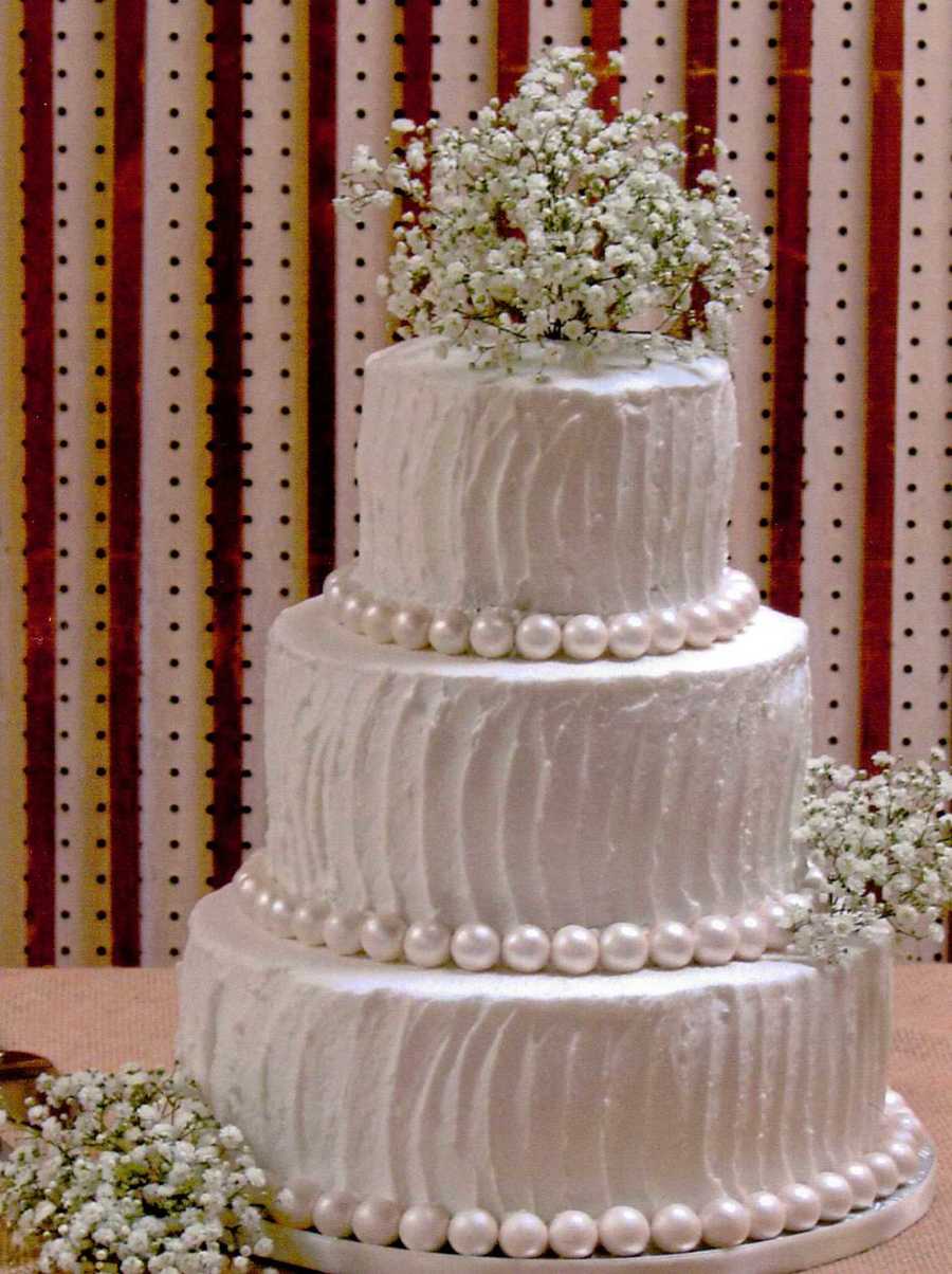 White Rustic Buttercream With Fondant Pearl Borders And Sprays Of Babys Breath On Cake Central White Rustic Buttercream With Fondant Pearl Borders And Sprays Of Babys Breath On Cake Central
