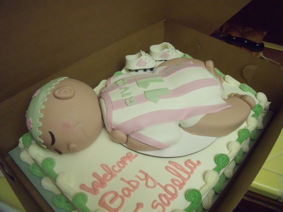 Soccer Theme Baby Shower Cakecentral Com Half Chocolate And Strawberry Sheet Cake Baby Carved From Vanilla Cakes Covered In Fondant With Some Made Soccer Cleats