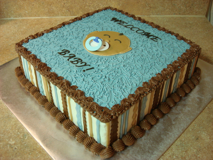Blue Baby Shower Cake With Baby Face & Pacifier