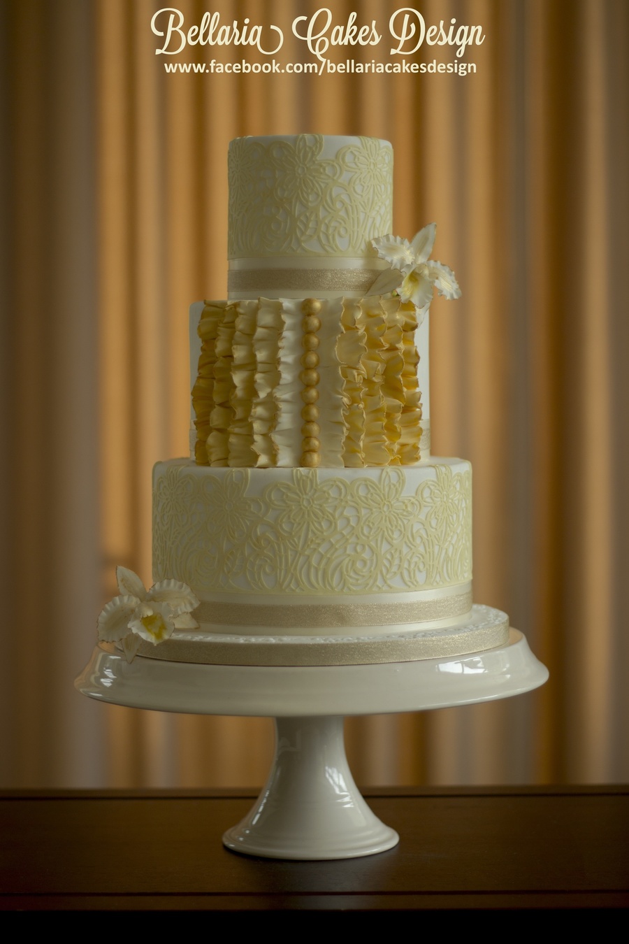Ivory And Gold Wedding Cake With Edible Lace And Sugar