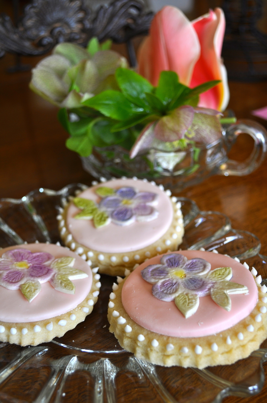 Sugar Cookies With Pansy Lace Applique On Fondant With Royal Icing