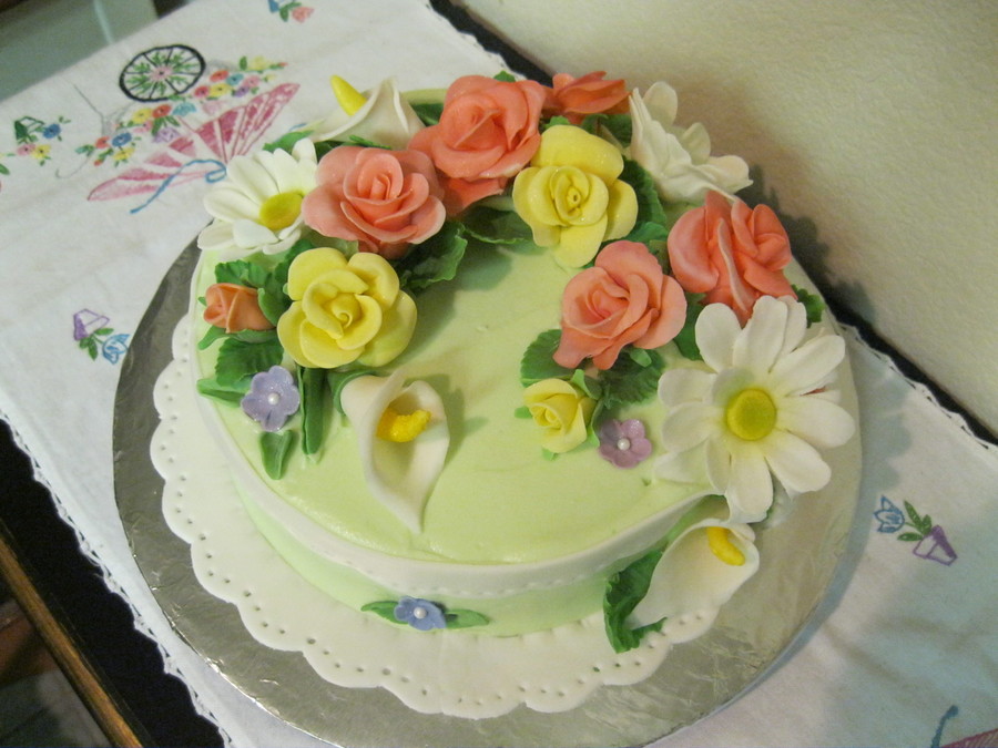 Gumpaste Fondant Mix Flowers On A Buttercream Frosted Cake