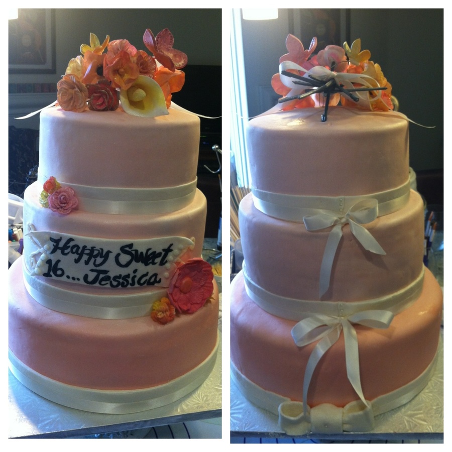 Sweet 16 Cake With Peach Ombre Fondant Handmade Gum Flowers Fondant And