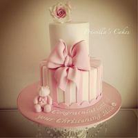Girl Christening Cake 2 tiered christening cake with hand made sugar bow