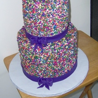 Sprinkles 9" and 6" tall tiers of confetti cake iced in buttercream and covered in sprinkles. Purple fondant ribbon/bows.