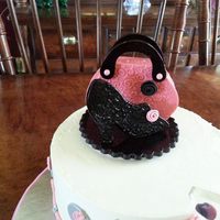 Isomalt Purse & Shoe Cake is covered in SMBC. Fondant border and flowers. The Martini Glass, purse and shoe are made from cooked Isomalt that I colored using...