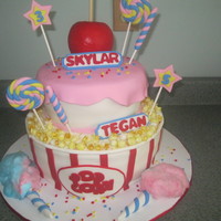 Carnival Treats Cake Cake for 2 sisters celebrating together. The girls picked out the picture and provided it. Just copied it as closely as I could. Can't...