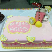 Pink Lemonade Cake 2 layer sheet cake with Pink lemonade favored buttercream faux fondant icing. Lemons and jar with pink lemonade based off invitation were...
