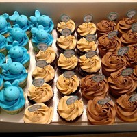 Baby Shower Cupcake Fondant Whales on lemon cupcakes with lemon butter cream. Chocolate cupcakes with peanut butter frosting and yellow cupcakes with mocha...
